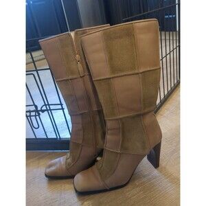 Ladies Vintage Y2K  Tan Patchwork Suede Leather Boots By Me Too Sz 7 Zipper